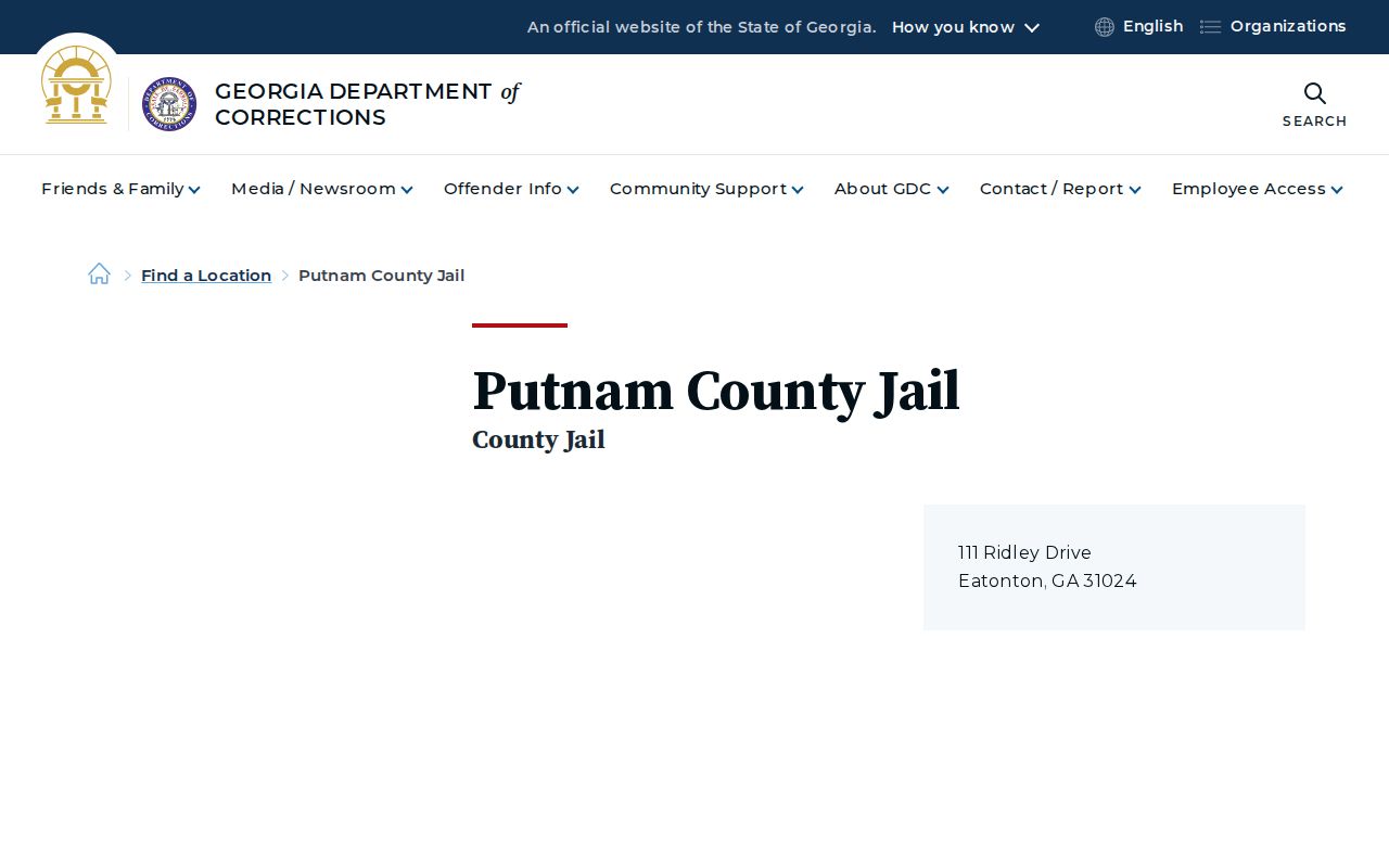 Georgia Department of Corrections location entry for Putnam County Jail