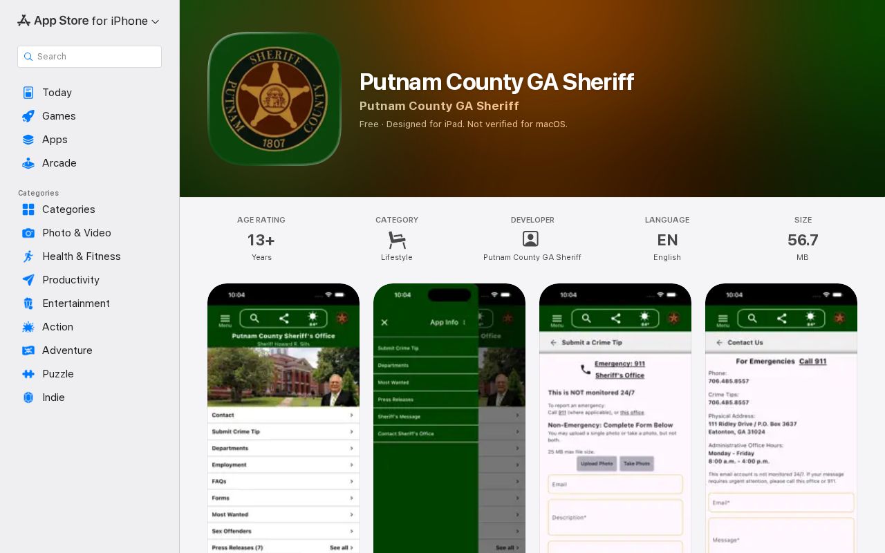 Apple App Store listing for Putnam County GA Sheriff