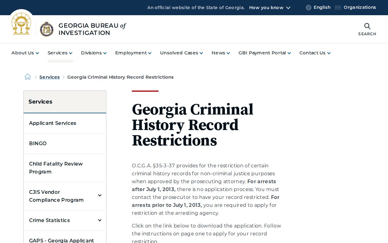 Georgia Bureau of Investigation criminal history record restriction page