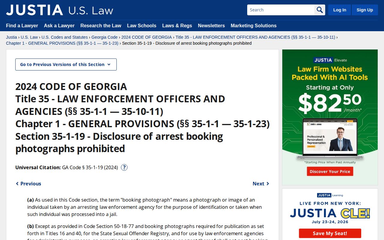 Georgia Code Section 35-1-19 booking photograph disclosure page