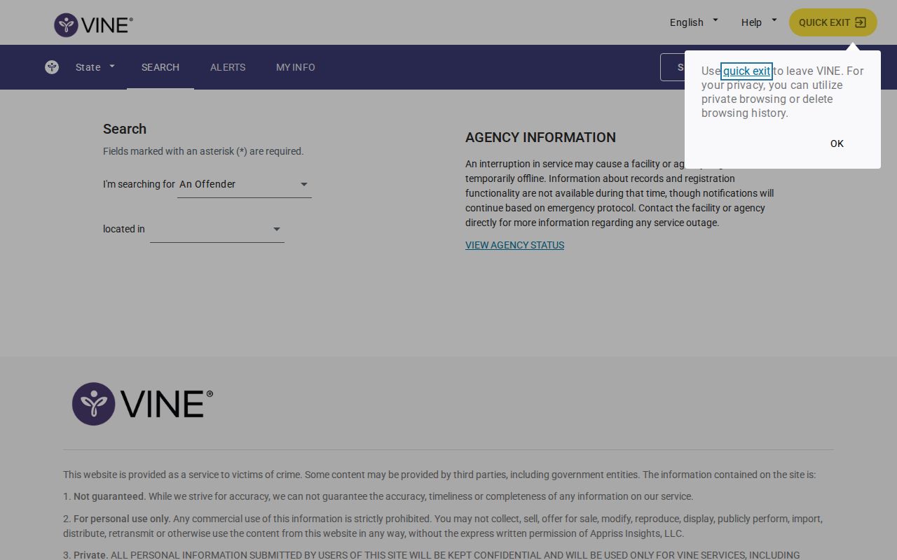 VINELink login and notification registration page